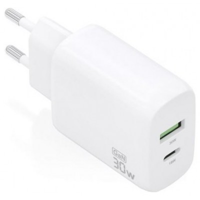 AISENS - CARGADOR GaN 30W, 1xUSB-C PD3.0 QC4.0, 1xUSB-A QC3.0, BLANCO