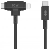 HYPER SILICONE USB-C TO USB-C AND LIGHTNING HYBRID 60W CABLE - BLACK