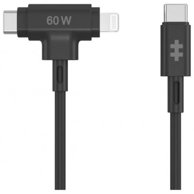 HYPER SILICONE USB-C TO USB-C AND LIGHTNING HYBRID 60W CABLE - BLACK