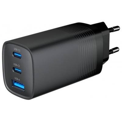 CARGADOR RAPIDO USB GEMBIRD POWER DELIVERY GAN DE 3 PUERTOS Y 65 W, NEGRO